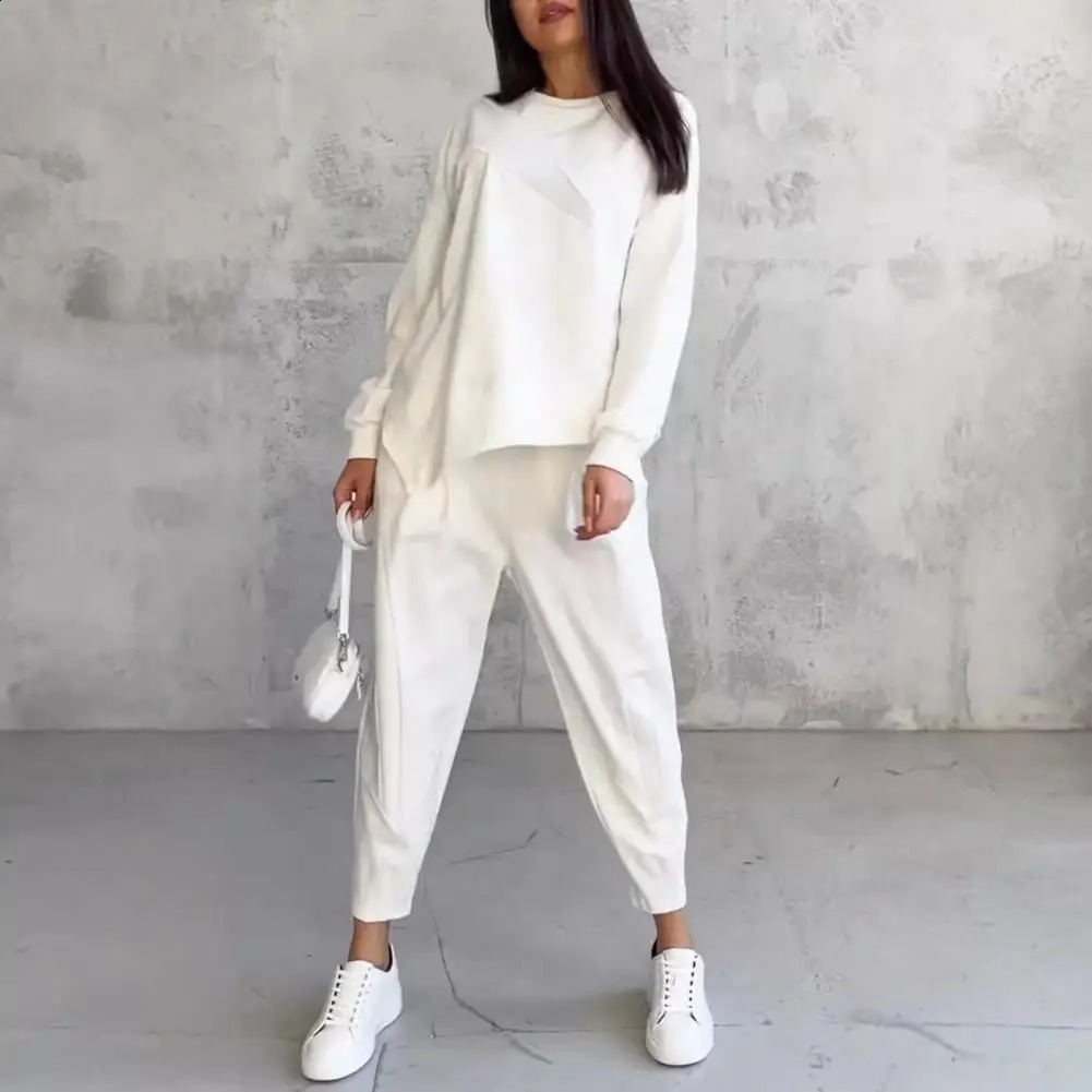 Women Casual Two-piece Set Elegant Womens Top Pants Set with Long Sleeves O Neck Side Pockets for Fall Spring Stylish for Work 250318