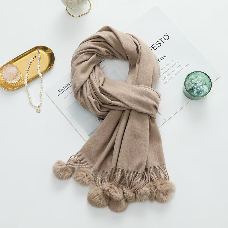K168 Fur ball scarf for women autumn and winter all-match wool cashmere scarf shawl high-grade pure color new imitation cashmere scarf