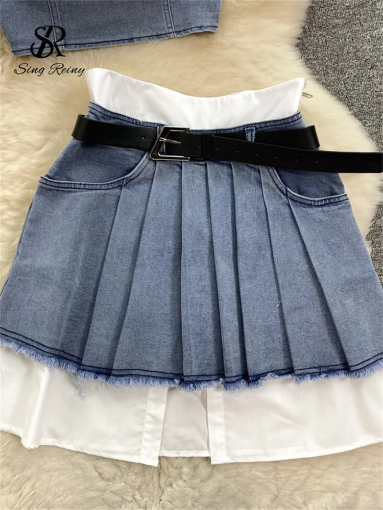 SINGREINY Fashion American Retro Y2K Sexy Denim Suits Women Strapless Mini Top Pleated Mini Skirt Vintage Beach Two Pieces Set 250319