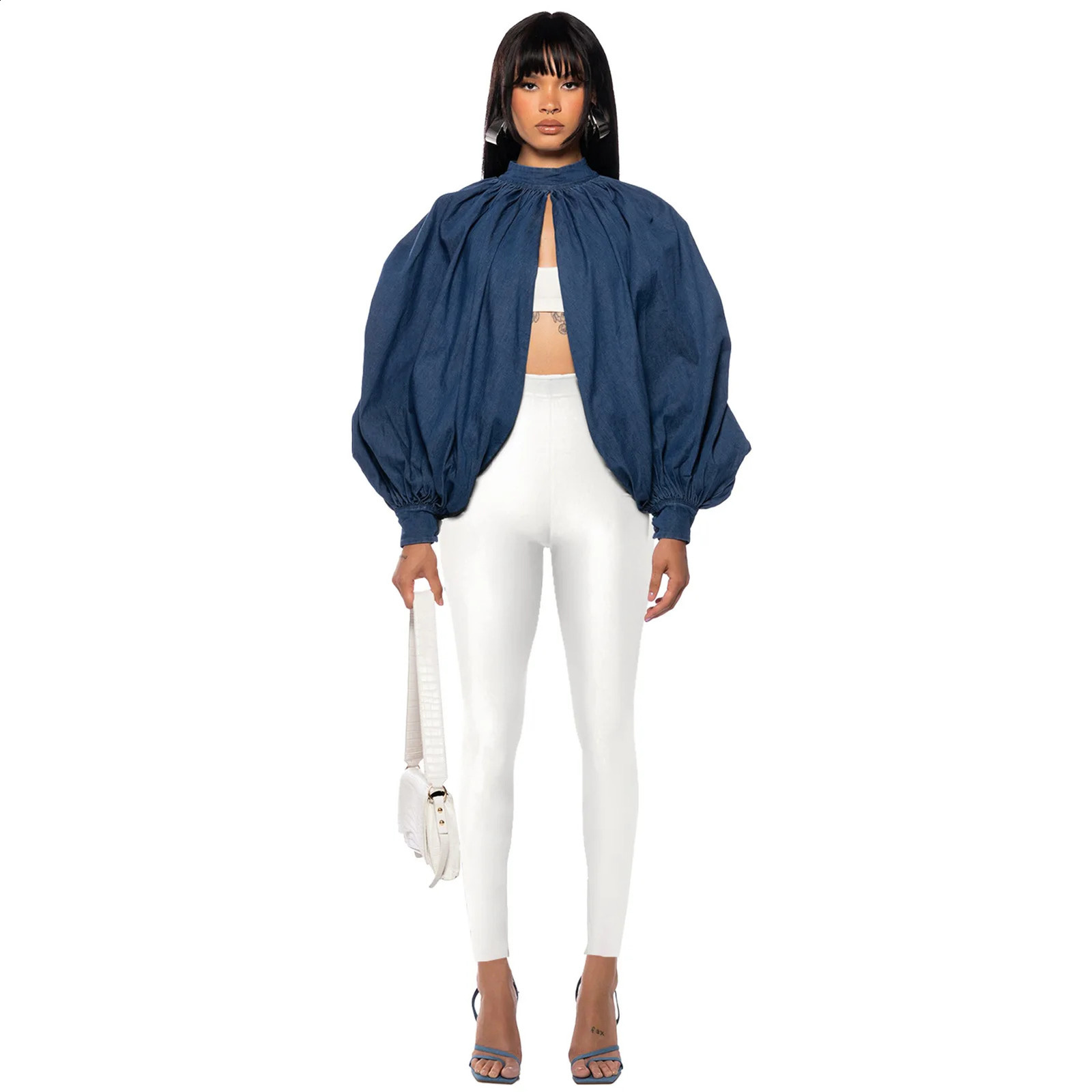 Get Spring womens denim jacket 2024 spring stand up batwing sleeves backless loose casual short top 250319