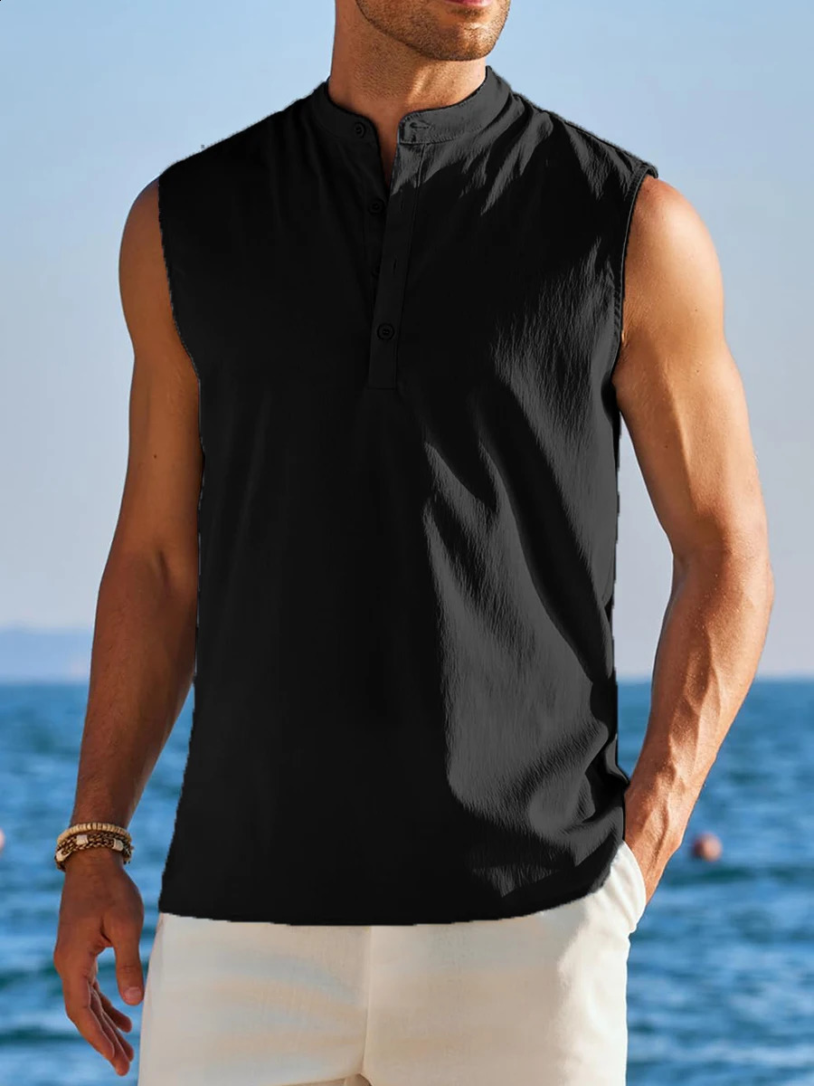 Mens casual hippie style collarless Henry collar vest street clothing solid color loose fit Tshirt summer 250319