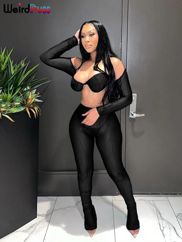 Weird Puss 3 Piece Set Women Tight Autumn Trend Spike Mesh Crop TopsBandage BraLeggings Matching Vacation Streetwear Outfits 250319