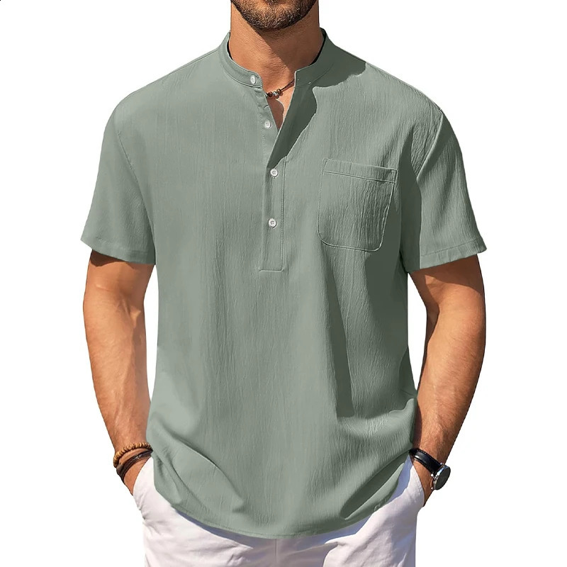 Summer mens short sleeved Henry casual shirt lightweight beach collar pocket Tshirt 250319
