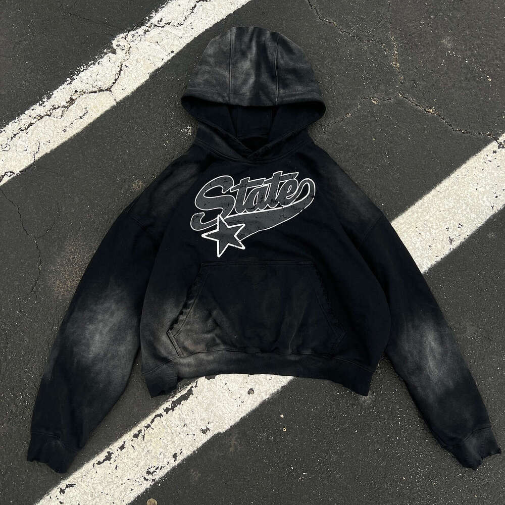 Trendy washed hip-hop high street casual loose print dark style couple hoodie
