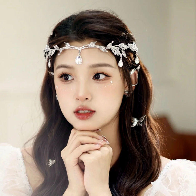Boho Chic Alloy Leaf Headpiece with Dangling Crystals for Ladies Elegant Elven Accessory