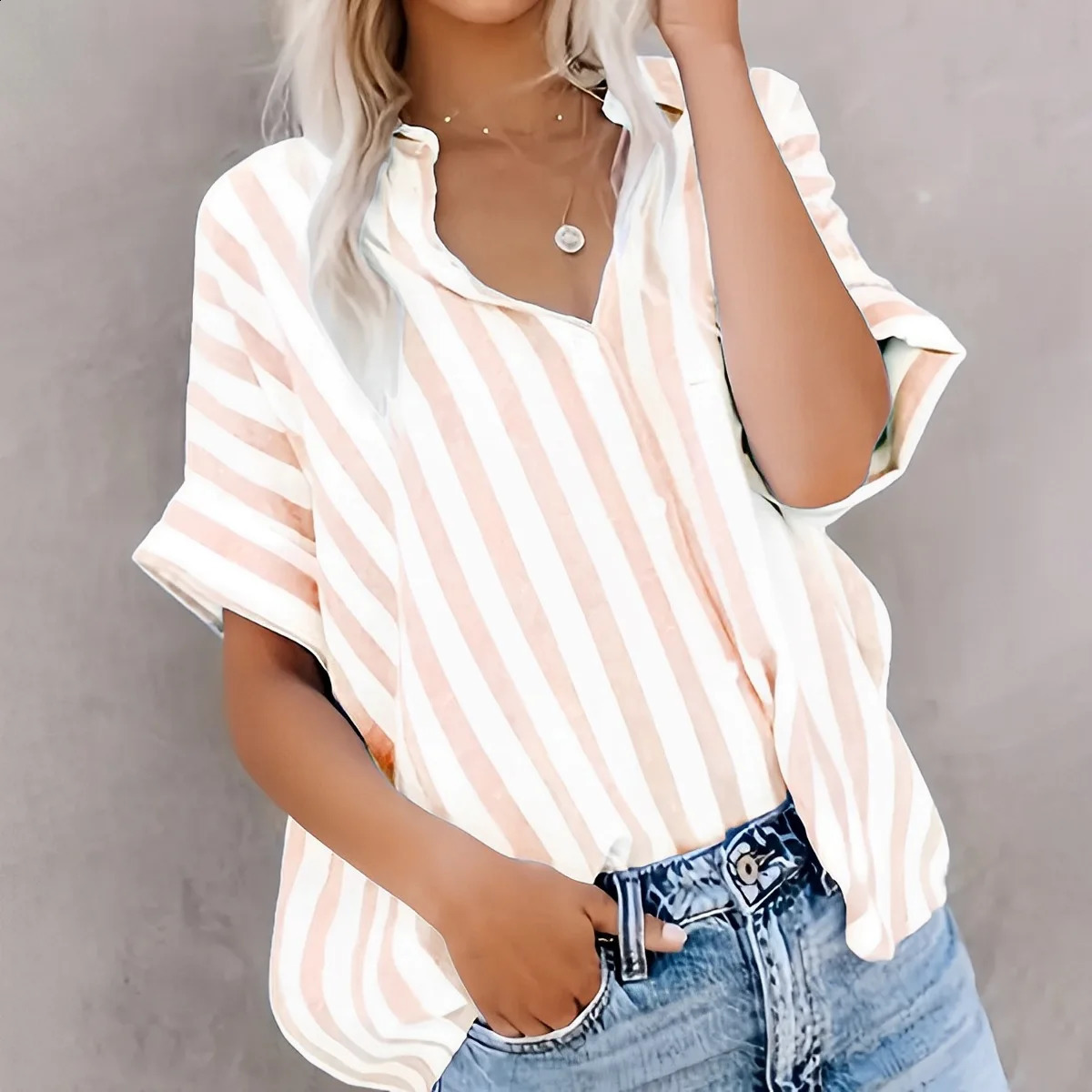 2025 Spring Summer Ladies Blouses Daily Casual Long-Sleeved Shirt Street Fashion V-Neck Shirt Striped Printed Womens Shirt 250318