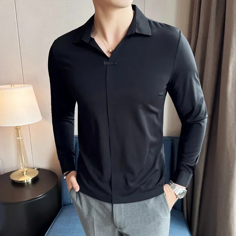 High elasticity slim fit mens T-shirt autumn ice silk seamless long sleeved solid casual V-neck polo shirt mens clothing 250318