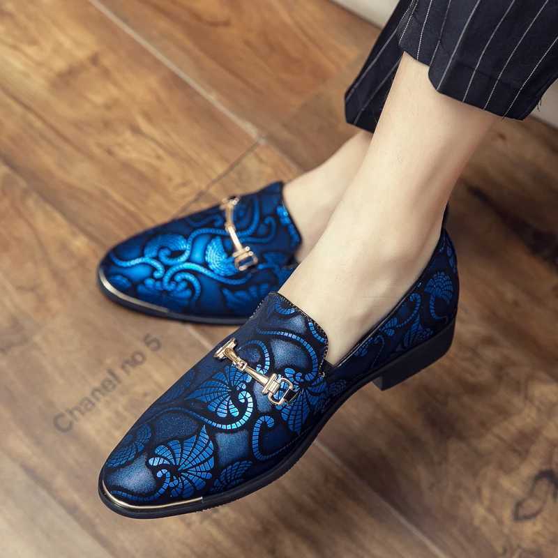 New mens leather shoes mens luxury British gold blue countryside pattern Oxford classic gentleman wedding ball shoesXJ250319