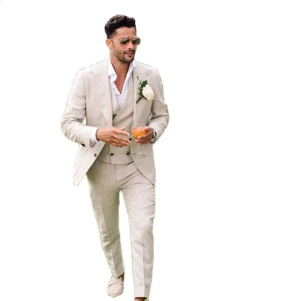Summer Linen Men Suits 3 Piece Chic Single Breasted Lapel Outfits Fashion Daily Casual Slim Groom Wedding Party Tuxedo 250311