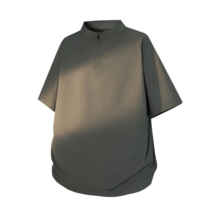 Mens Short sleeved Tshirt Summer Top 2025 Korean Fashion Stand up Collar Half Zipper Solid Knitted Sleeve 250319