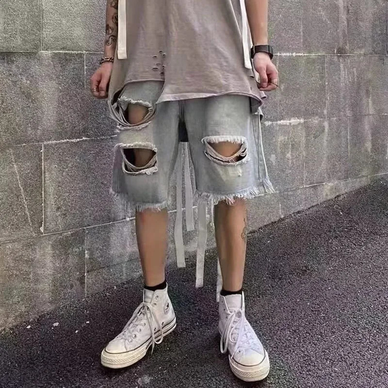 Mens Retro Hollow Open n Straight Jeans Shorts Street Clothing Trend 2025 SpringSummer Fashion Denim 250319