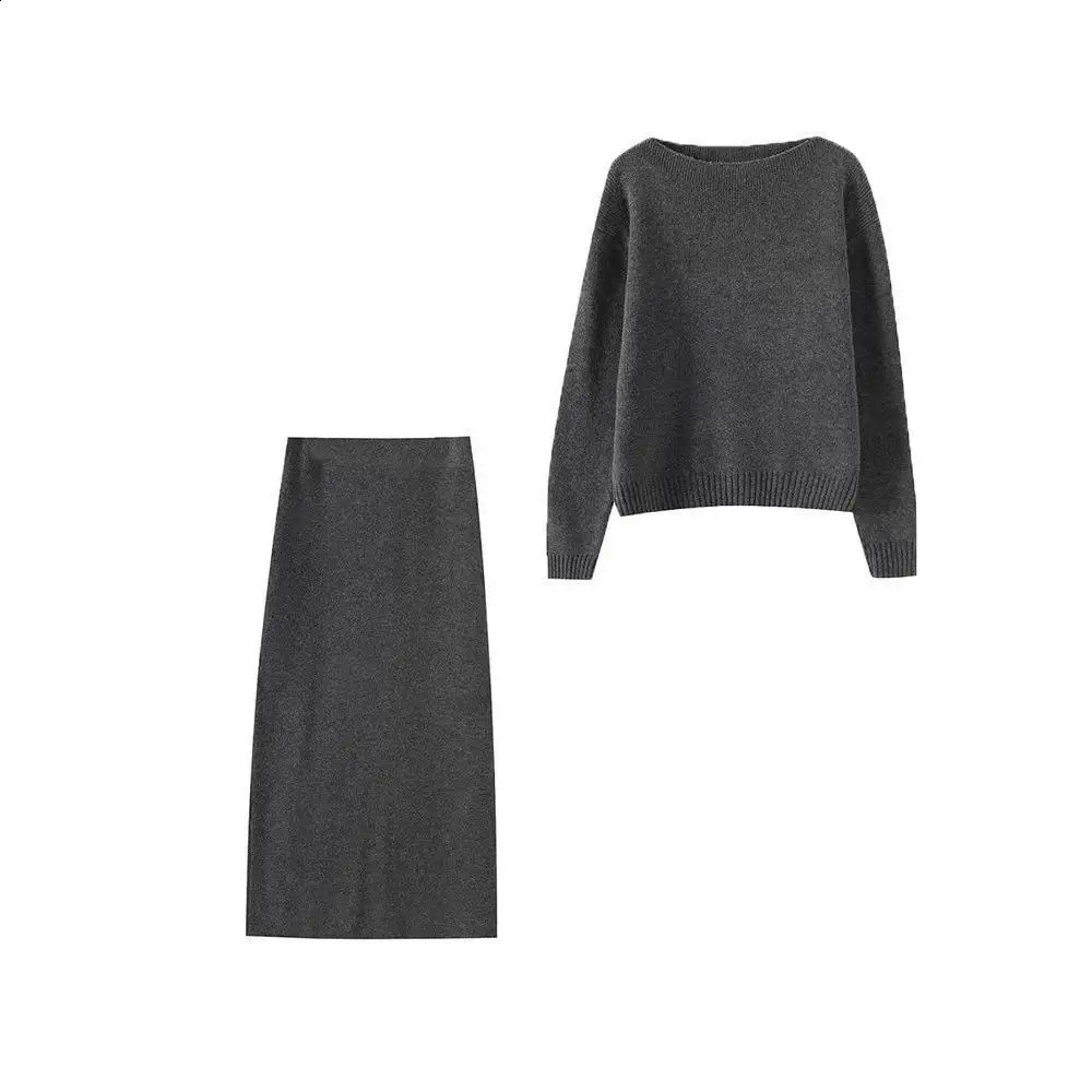 ZBZA Womens Basic Knitted Suit Round Neck Longsleeved Top Elastic Waist Back Slit Skirt Spring and Summer Casual Chic 250318