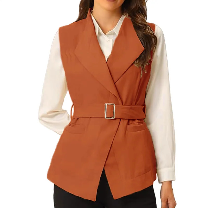 Womens Sleeveless Collar Open Vest Spring Jacket Thin with Inner Lining and Belt Clothing 250319