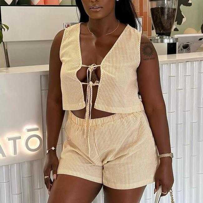 Summer lace up sleeveless striped cardigan high waisted shorts two-piece set plus size women's clothing 250315