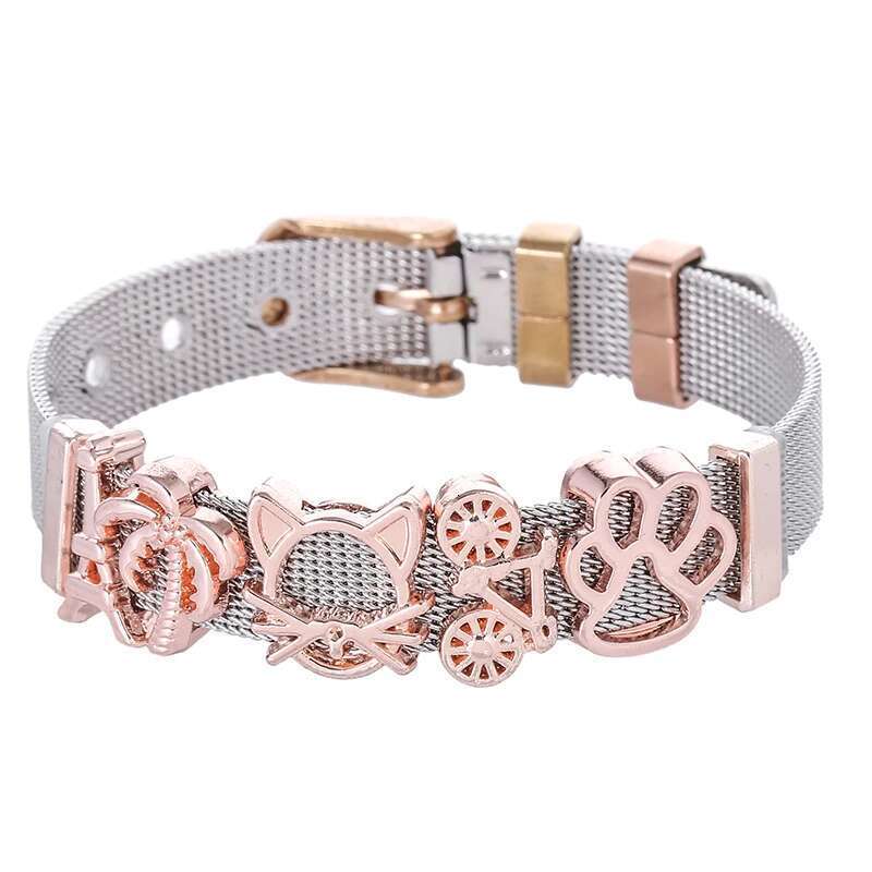 High Quality Stainless Steel Mesh Bracelet With Crystal Cartoon Dog Claw Charms Fine Bracelets Set For Women Kids Gift