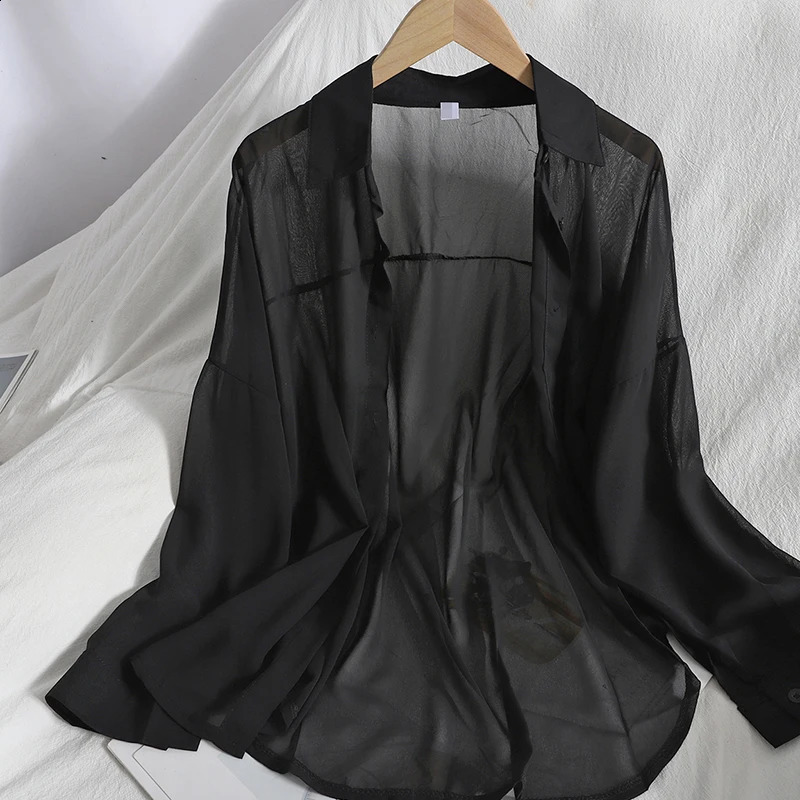 Womens solid color transparent long sleeved chiffon shirt casual loose beach cover button front fashionable and simple Versatile Top 250319