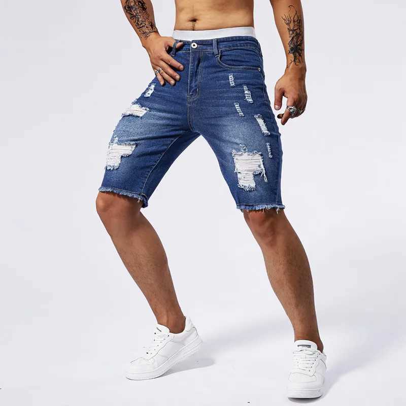 2025 Summer New Mens Ripped Denim Shorts Fashion Vintage Hole Streetwear Stretch Slim Knee-length Short Pants Trendy Brand Male W250319