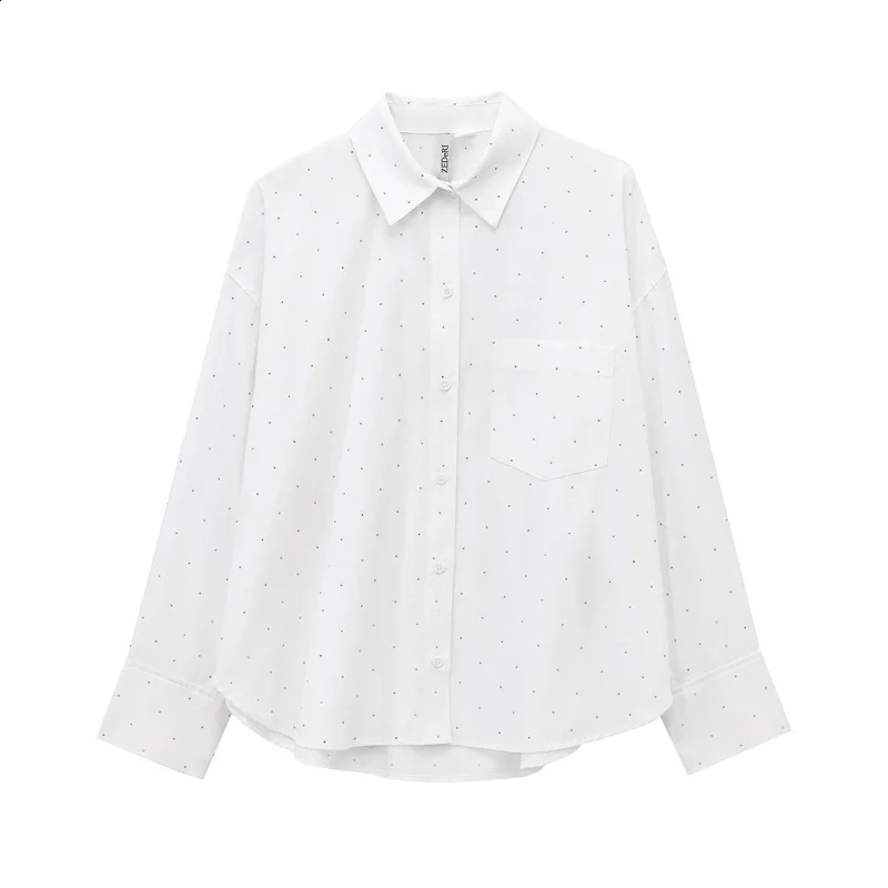 Minimalist loose long sleeved shirt rhinestone decoration large pocket boyfriend style womens top 250318