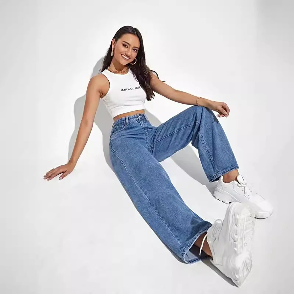 Womens Deep Blue Wide Leg Straight Jeans Weight Loss Full Match 250317