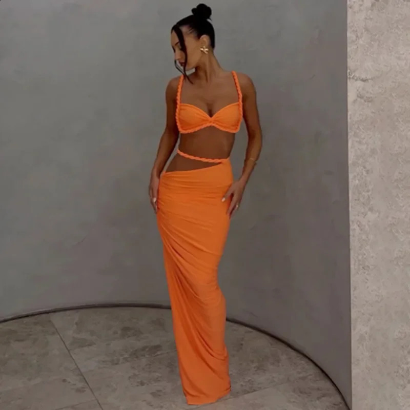 Summer Bandage Ruffle Beach Dress Set Womens Sleeveless Backless Top Tight corset Maxi Long Sleeve Two Piece Matching 250318