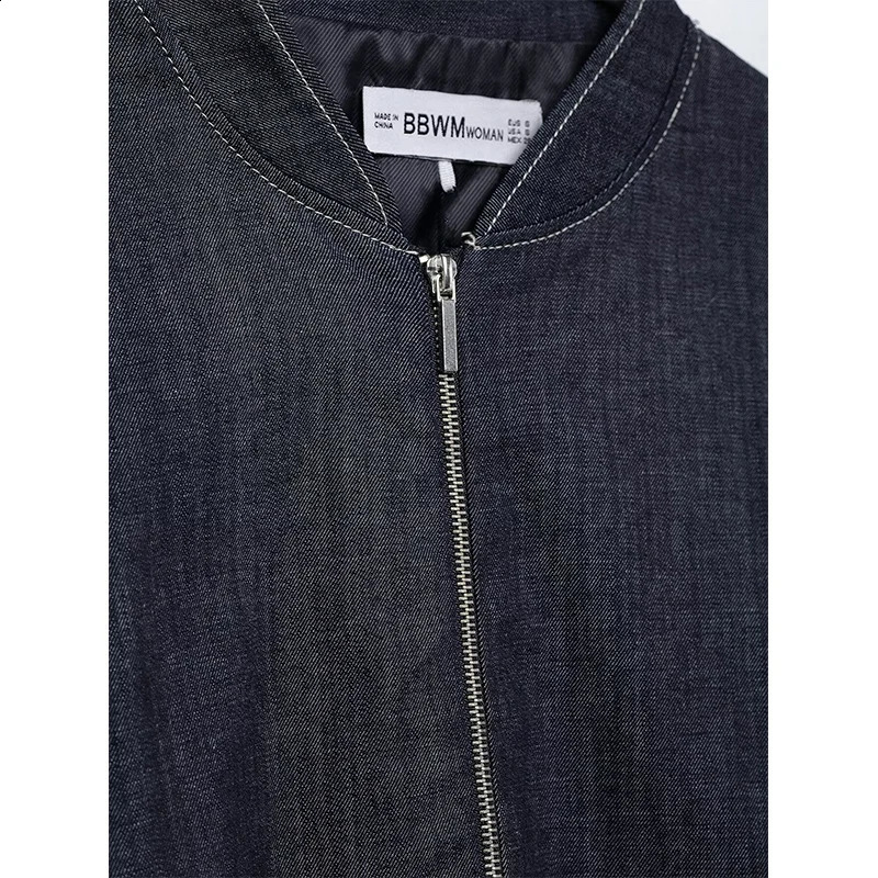 RAFZNB Womens Denim Bomber Jacket Fashion Stand Collar Long Sleeve Retro Unique Top 250319