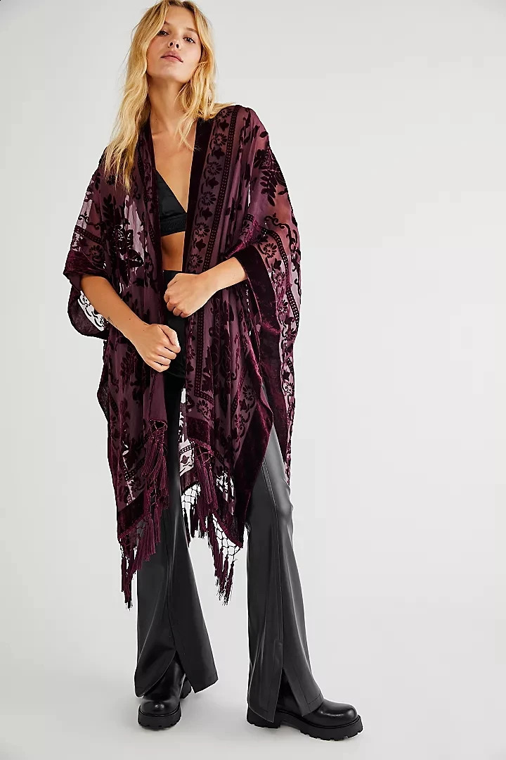 WeHello Bohemian burnt plush kimono Womens long Purple Tassel Beach Cover-up Holiday Casual Cardigan Shawl JYPF-20 250319