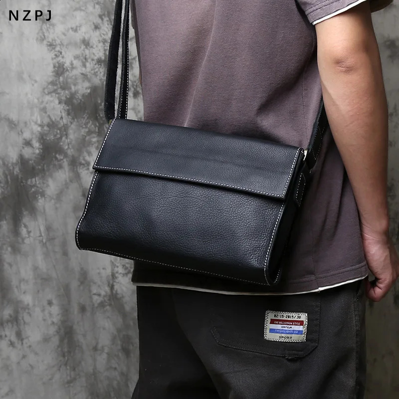 NZPJ leather mens messenger bag laminated denim shoulder bag cross body bag flat bag suitable for 10 inch iPad 250318