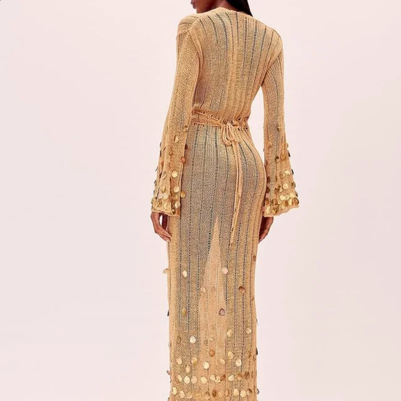 Long Sleeve Sequin Maxi Dress: Shinny Deep Neck Lace Up High Waist See Through Party Dress C260312