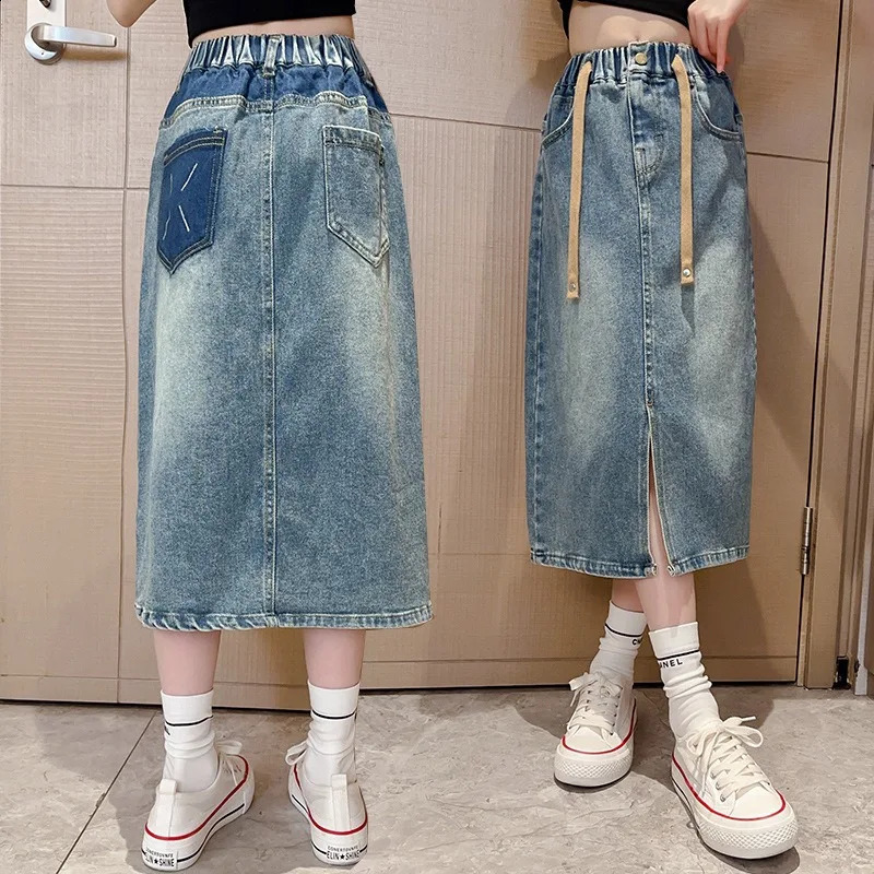 Girls Denim Skirt Spring and Autumn Large Childrens Long Skirt Childrens Fashion Slit Skirt Childrens Wear 250319
