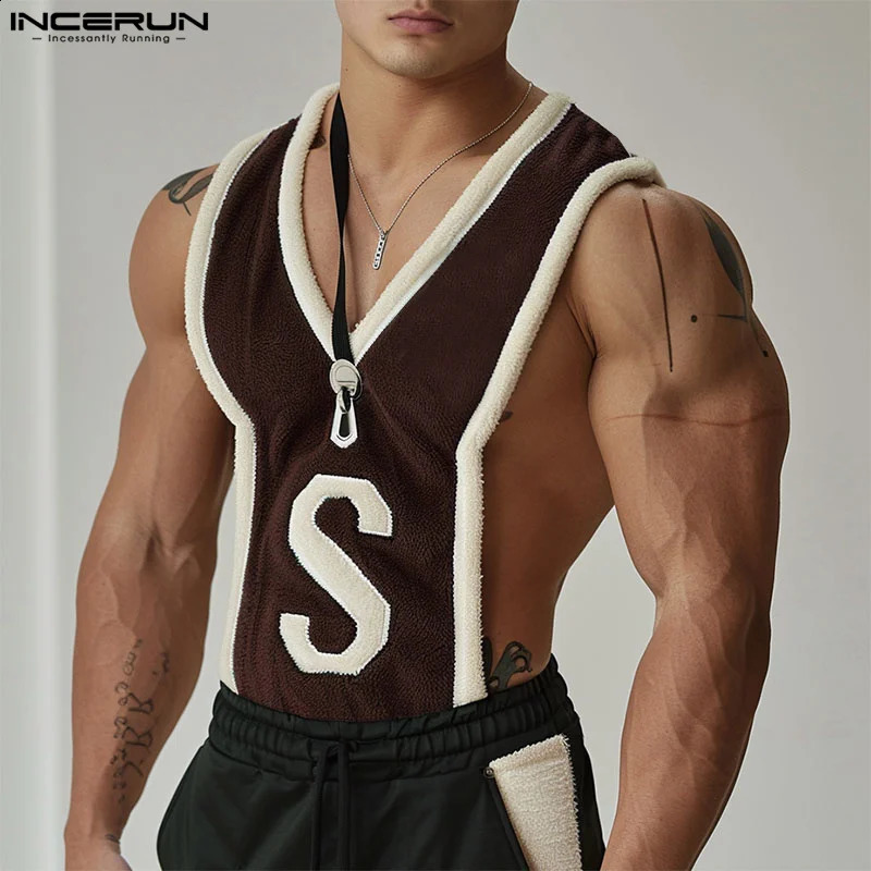 INCERUN Tops Korean Style Sexy Fashion Men S Letter Pattern Splicing Striped Vests Summer Casual Sleeveless Tank Tops S-5XL 250319