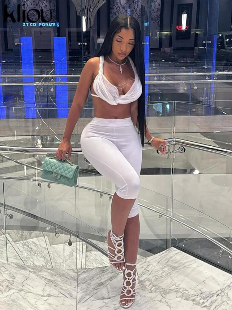 kliou Matching Women 2 Piece Set Concise Halter Bandage Ruched Crop TanksSlim Stretch Shorts Female Sexy Classic Clubwear 250319