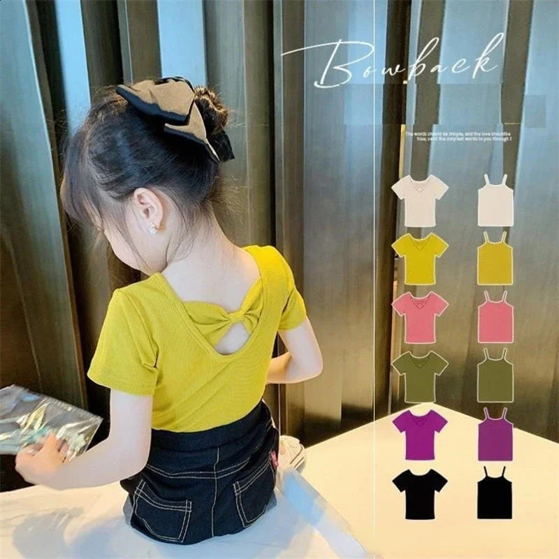 Girls T-shirt Kids Short Sleeved Back Bow-knot Baby Candy Color Shirt Clothes Summer Chilrens Solid Color Top Tees 250319