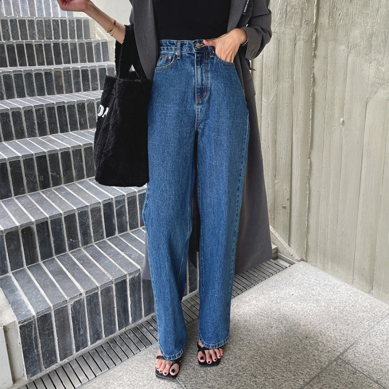 SpringSummer Retro Cowboy Wide Leg Pants High Waist Blue Street Wash Casual Loose Jeans Pocket Womens 250317
