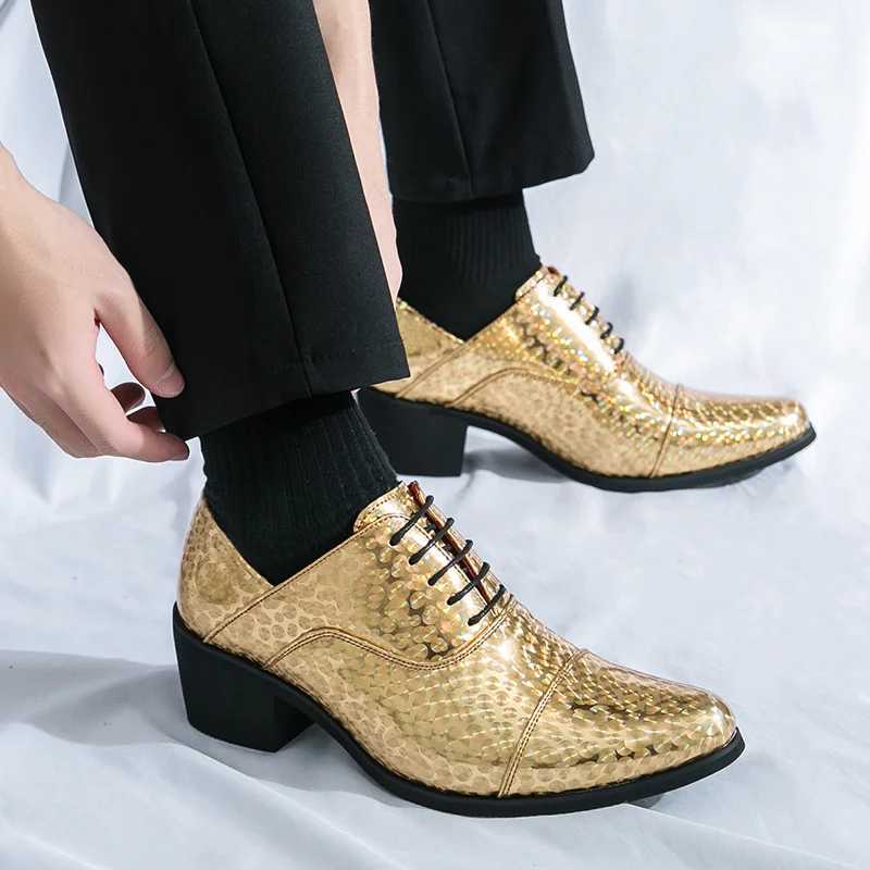 Luxury gold mens shoes elegant high-heeled leather shoes suitable for mens Pointed toe comfortable formal shoes Oxford shoesXJ250319