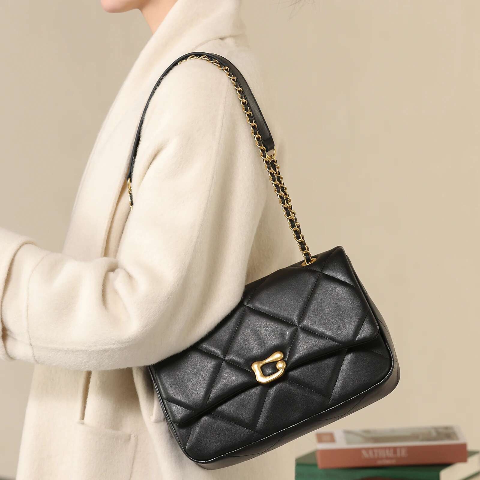 ITAMOOD Genuine Leather Urious Chain Small Square Quilted Original Design Women's Shoulder Bag Fashionable Handbag
