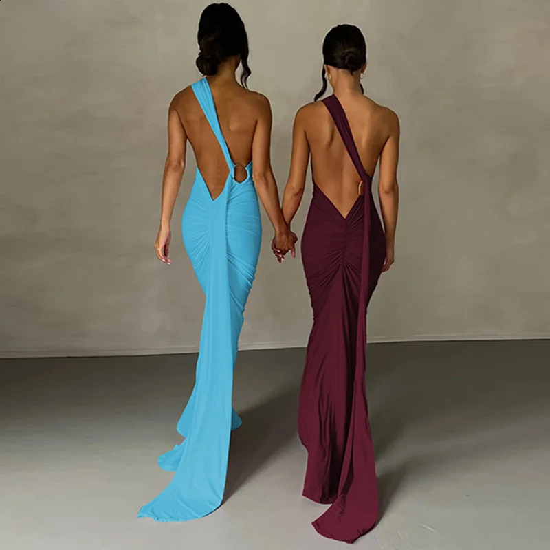 Backless Maxi One Shoulder Sleeveless Bodycon Ruched Evening Party Dress C260312