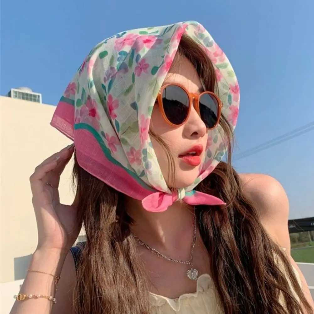 Korean floral printed scarf with floral pattern summer scarf cotton square neckline scarf shawl neckline X250319