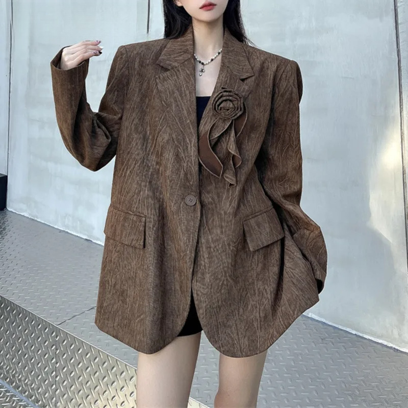 Vintage Style Women Suit Blazer Fashion 3D Ral Spliced Single Button Jackets Female 2025 Spring New Clothing 1A427