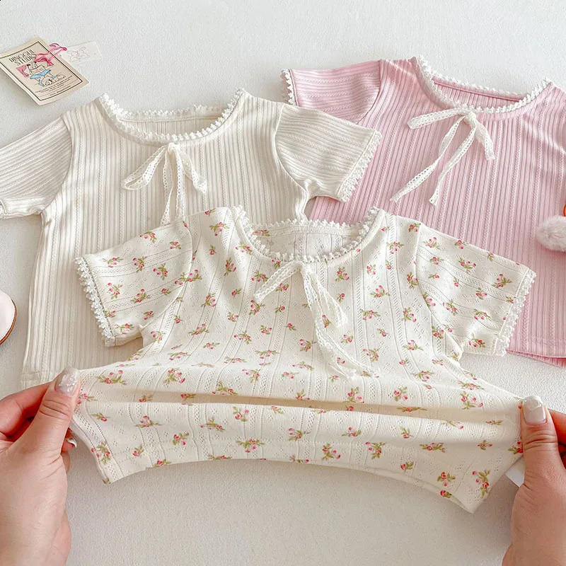 Summer Kids T-shirt 1-5T Boys Cute Hollow Out Floral Tops Children Thin Style Pit Strip Lace Girls Tee 250319