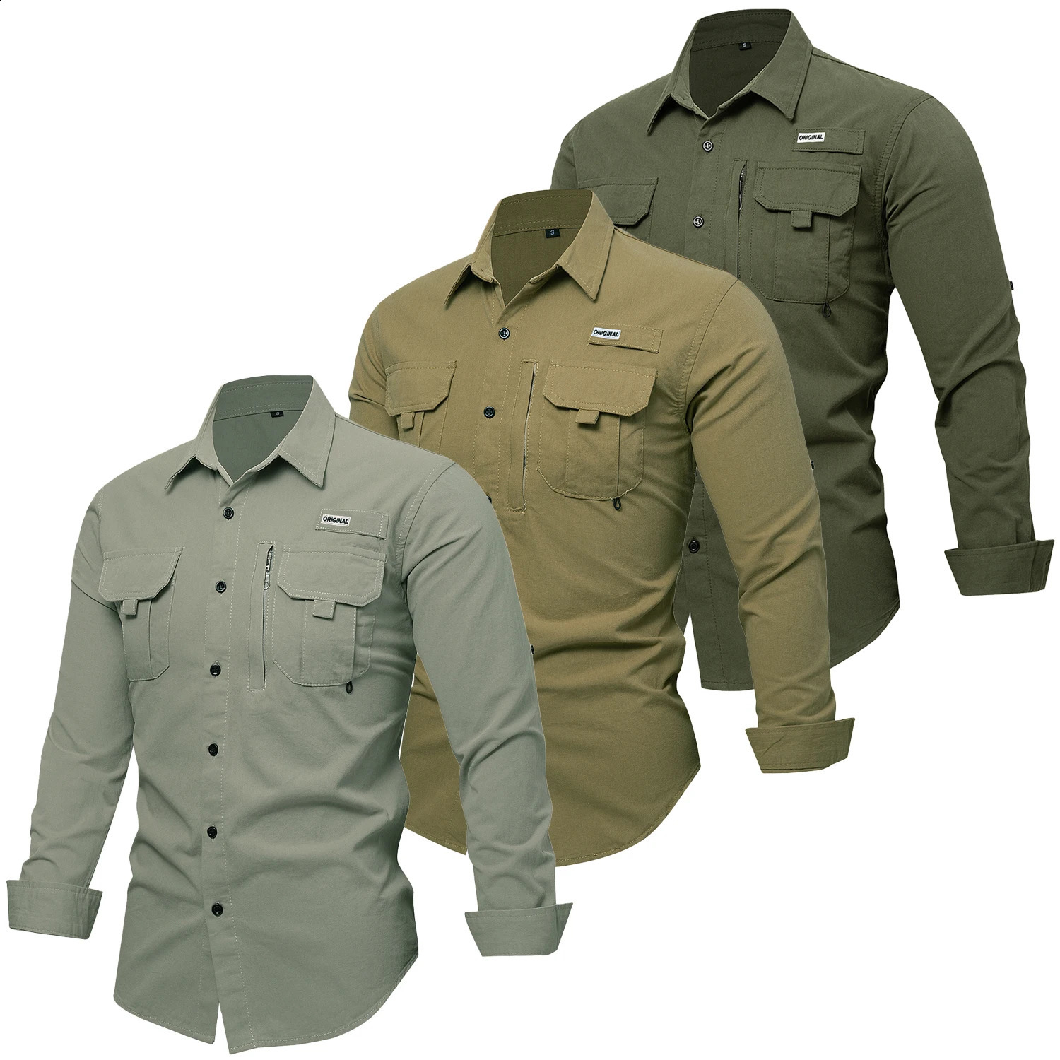 mens Safari long sleeved solid color casual rolled up sleeves button double pocket shirt 250317