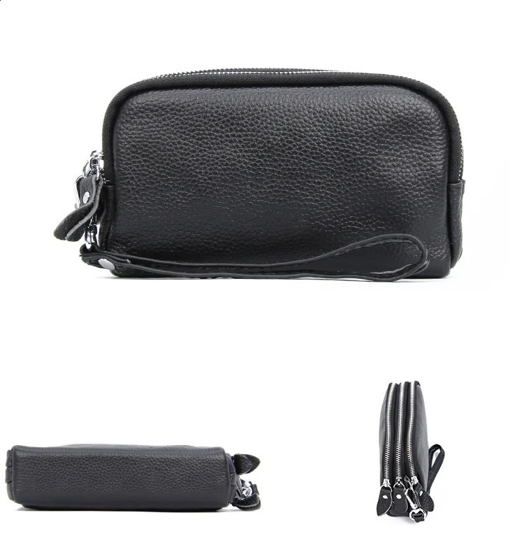 NIGEDU long womens wallet leather 3-layer zipper wrist bag large capacity womens clutch coin wallet phone bag black 250317