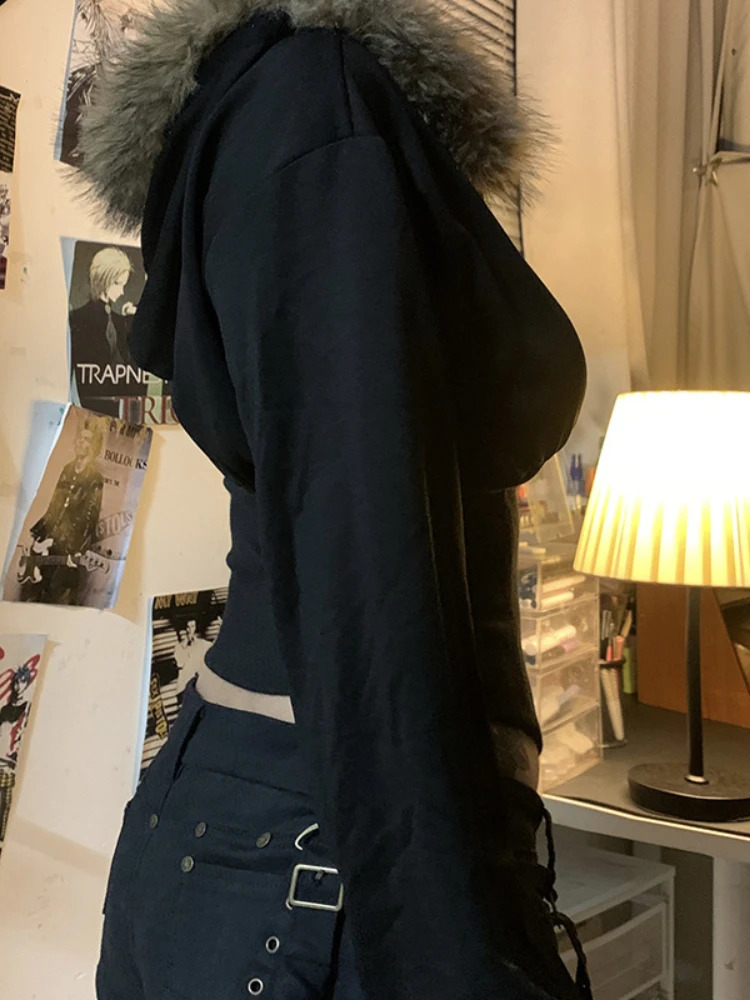 AltGoth retro streetwear Gothic sportswear womens Harajuku cyberpunk fur hem hooded zipper top Y2k Egirl tight corset women 250318
