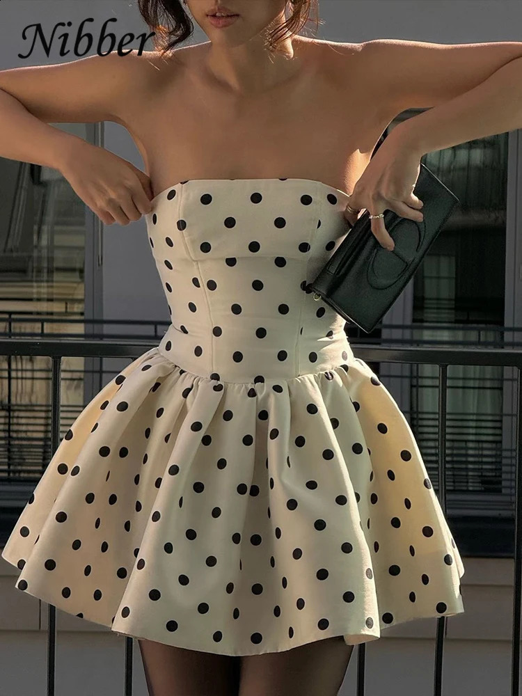 Nibber Dots Print Dress Women Chest Wrap Backless Bow Applique Ruffles Loose Hem 2025 Y2k Trend Streetwear Chic Mini Bodycon 250319