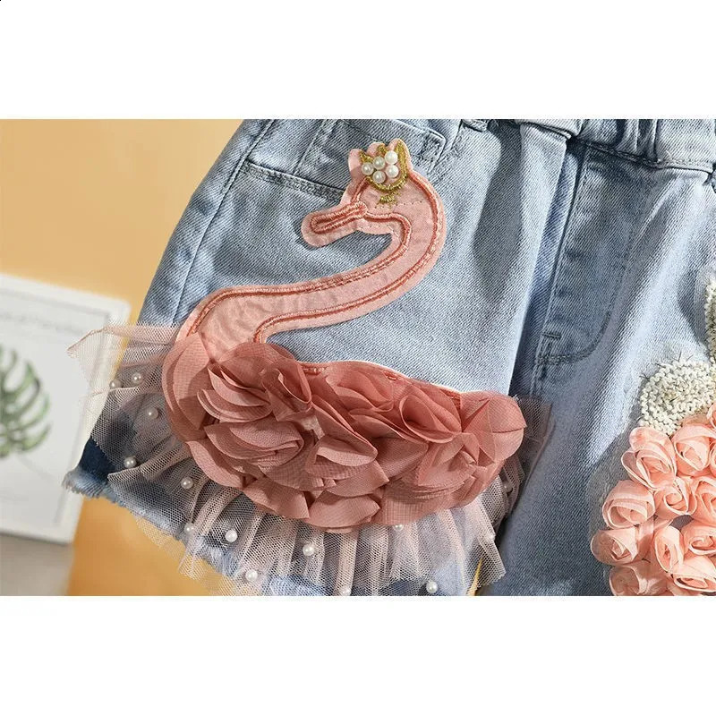 Baby Girls Summer Cotton Denim Shorts Pants Toddler Kids Cute Swan Flower Soft Jeans for Teenager Girls Children Clothing 250319