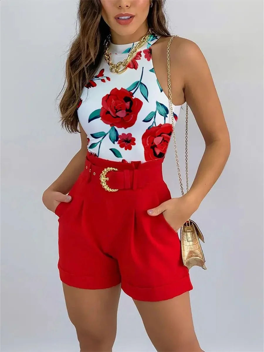 wsevypo Women Summer Vest and Shorts Sets Casual Sleeveless Halter Vest Tank Tops High Waist Shorts with Waist Belt 2Pcs Suits 250319