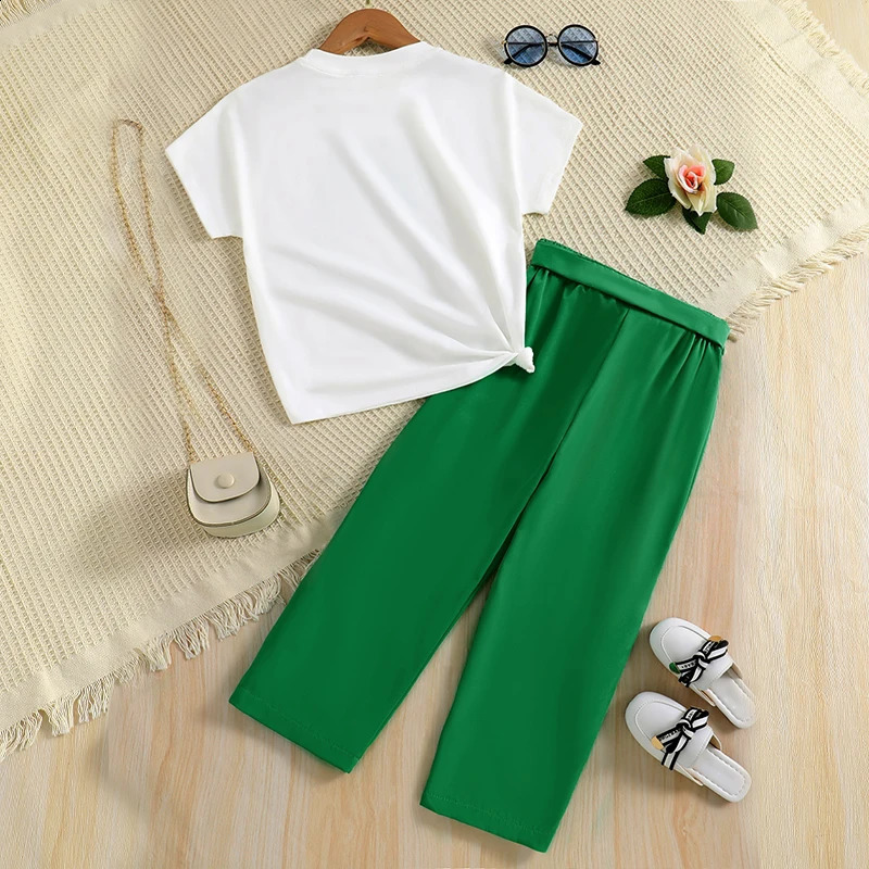2pcs Girl Fashion Minimalist Cartoon Print Breathable round Neck Knit Top Summer Thin Wide Leg Pants Set 250319