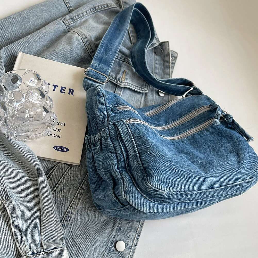 Women Denim Fashion Shoulder Adjustable Strap Casual Messenger Multi-Pockets Stylish Crossbody Outdoor Travel Bag