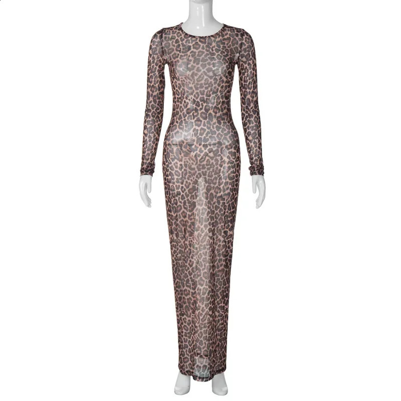 Leopard Print Sexy Mesh See Through Party Club Birthday Dresses for Women Summer Long Sleeve Y2K Streetwear Beach Dress Sundress 250319