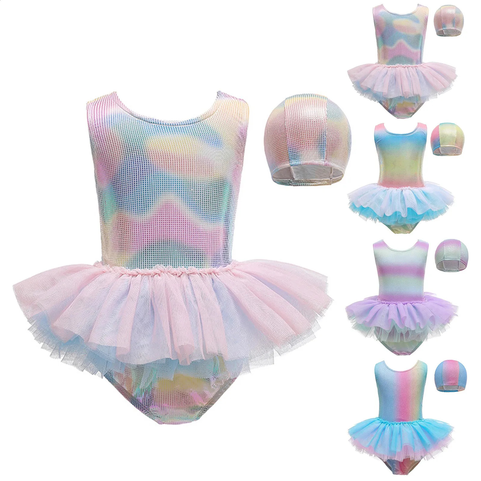 Toddler Girls One Piece Sweet Ballet Princess Swimsuit with Mesh Skirt Ruffled Swimwear Sun Protection Bathing Suit Swim Caps 250319