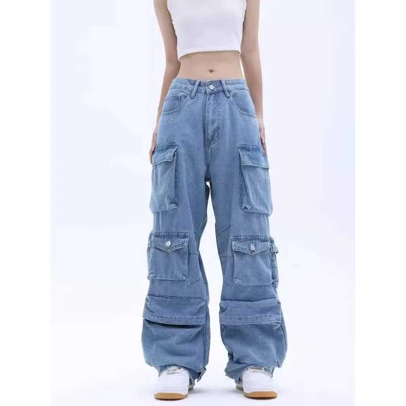 Multi-Pocket Blue Washed Jeans Cargo Pants Y2k Retro Streetwear Fashion High Waist Jeans Couple Harajuku Casual Wide Leg PantsT250319